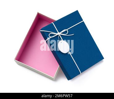 Empty rectangular white cardboard box with blue lid for gift wrapping isolated on white background Stock Photo