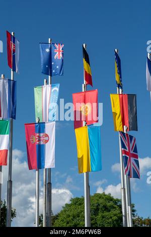 Row of national flags. World Flags Blowing In The Wind. Stock Photo