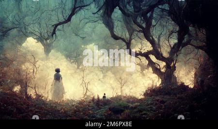 Ghost in dark forest illustration Stock Photo