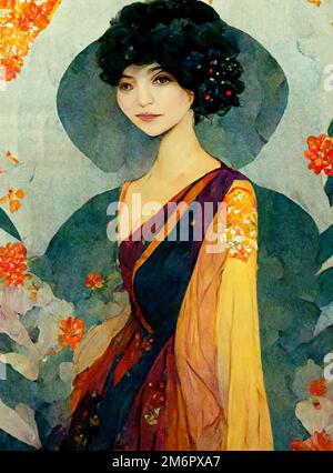 Illustration of beautiful Chinese woman in traditional dress Stock Photo