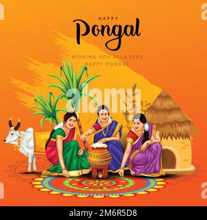 new illustration of Happy Pongal Holiday Harvest Festival of Tamil Nadu woman's making Pongal. vector background design Stock Vector