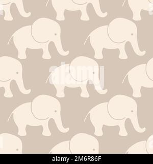 Cute baby elephant vector seamless pattern background. Adorable simple beige gender neutral backdrop with naive hand drawn elephants. Geometric repeat Stock Vector