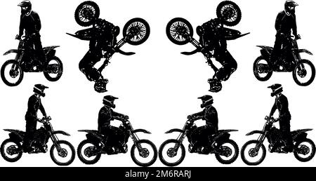 A set of black and white vector images of motorcyclists performing extreme stunts in the discipline Stock Photo