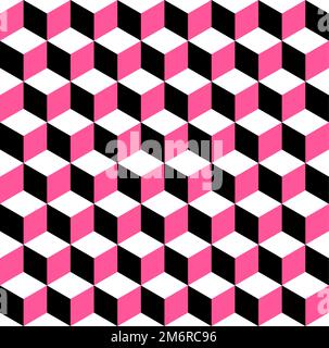 Abstract cube pattern. 3D optical illusion tumbling blocks hexagon tiles. Cuboid seamless tiles pattern. Pink, black and white vector illustration. Stock Vector