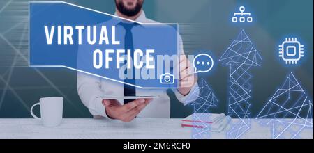 Text caption presenting Virtual Office. Business concept Mobile work-environment equipped with telecommunication links Stock Photo