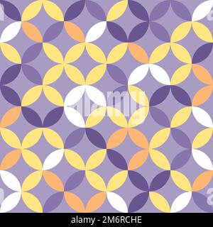 Violet and yellow geometric pattern. Overlapping circles and ovals abstract retro fashion texture. Seamless pattern. Stock Vector