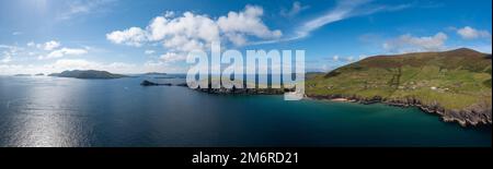 Aerial panorama view of Slea Head and the Dingle Peninsula in County Kerry of western Ireland Stock Photo