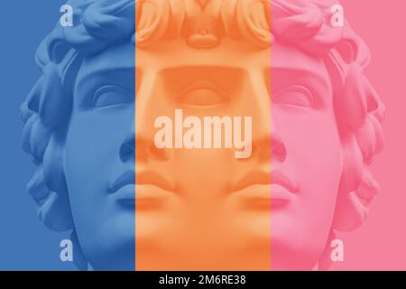 Antique sculpture of human face in artificial intelligence pop art style. Modern creative concept image with ancient statue head Stock Photo
