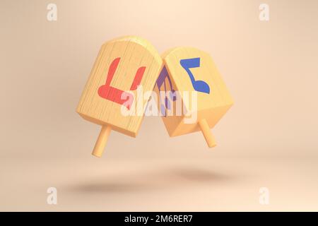 3d rendering Image of Jewish holiday Hanukkah with  wooden dreidels or spinning top on a  yellow background. Stock Photo