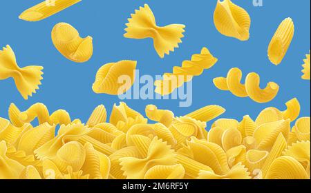 Italian pasta border, falling raw pasta over color background, seamless pattern Stock Photo