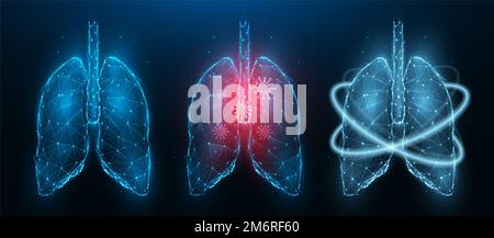 Polygonal vector illustration of inflamed diseased human lungs, healthy lungs and recovery of lung health. Respiratory system lo Stock Photo