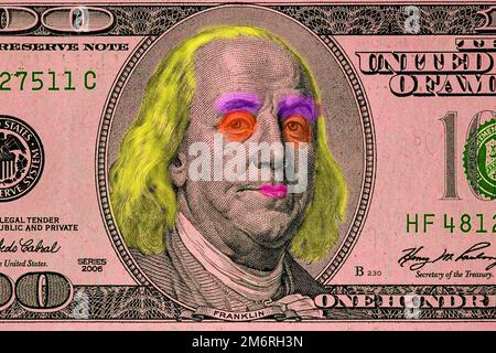 Contemporary artwork background with colored banknote. Digital texture backdrop. Trendy pop art fun culture. Neural network art Stock Photo