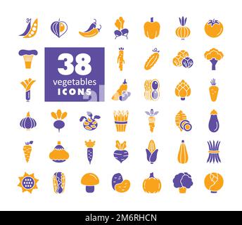 Vegetables isolated vector glyph icons set. Graph symbol for food and drinks web site, apps design, mobile apps and print media, logo, UI Stock Vector