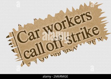 Car workers call off strike - news story from 1975 newspaper headline article title with highlighted overlay Stock Photo