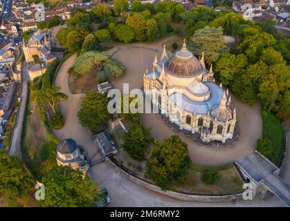 Aerial view Chapelle royale de Dreux, also Chapelle Royale Saint-Louis, neo-Gothic historicist style tomb of the d'Orleans family, Dreux Stock Photo