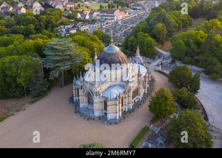 Aerial view Chapelle royale de Dreux, also Chapelle Royale Saint-Louis, neo-Gothic historicist style tomb of the d'Orleans family, Dreux Stock Photo