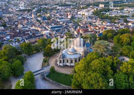 Aerial view Chapelle royale de Dreux, also Chapelle Royale Saint-Louis, neo-Gothic historicist style tomb of the d'Orleans family, Dreux Stock Photo