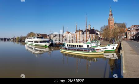 Panorama of the museum harbour and historic ships, Leer, East Frisia, Lower Saxony, Germany Stock Photo