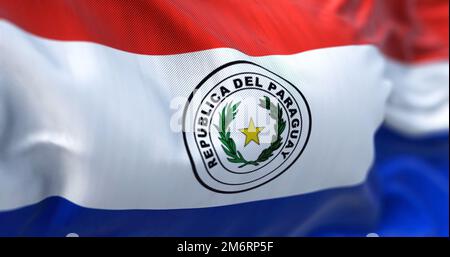 Close-up view of the Paraguay national flag waving in the wind Stock Photo