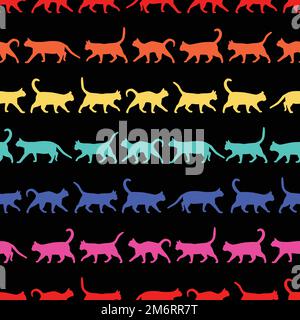 Colorful horizontal stripes of walking cats vector seamless repeat pattern. Vector illustration, great for textile, packaging Stock Vector