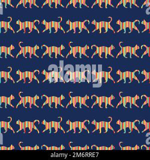 Rainbow striped walking cats vector seamless repeat pattern. Vector illustration Stock Vector