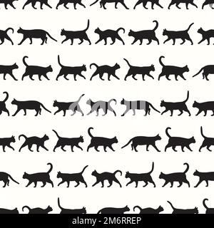 Horizontal stripes of walking black cat silhouettes vector seamless repeat pattern. Vector illustration Stock Vector