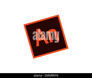 Adobe Animate, rotated logo, white background Stock Photo