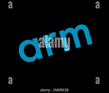 ARM architecture, rotated logo, black background Stock Photo