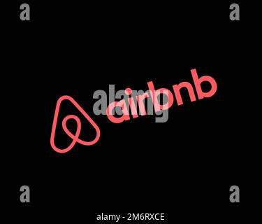 Airbnb, rotated logo, black background Stock Photo