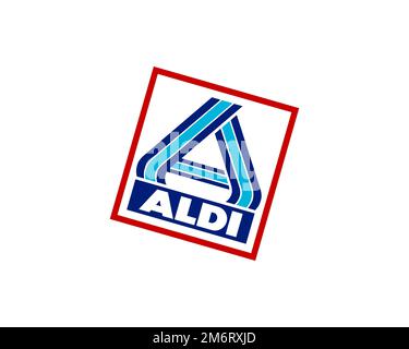 Aldi, rotated logo, white background B Stock Photo