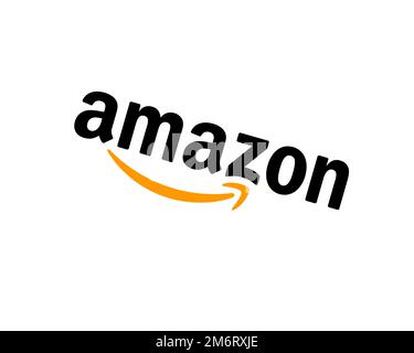 Amazon company, rotated logo, white background B Stock Photo