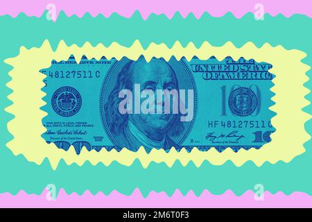 Contemporary artwork background with colored banknote. Digital texture backdrop. Trendy pop art fun culture. Neural network art Stock Photo