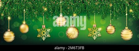 Christmas Branches Golden Baubles Snowflakes Green Banner Stock Photo