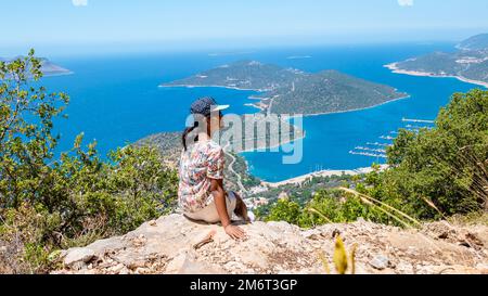 Panoramic view from the mountain over the Kas rivera ,hiking up Lycian trail mountain of Kas Turkey Stock Photo