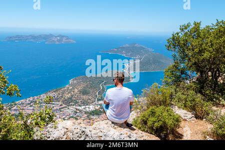 Panoramic view from the mountain over the Kas rivera ,hiking up Lycian trail mountain of Kas Turkey Stock Photo