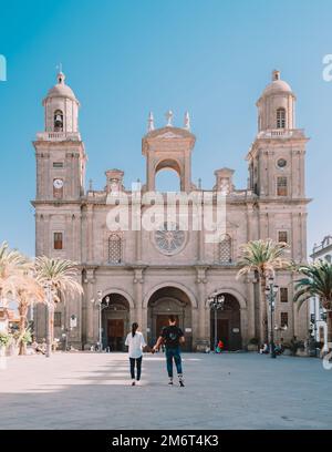 Cathedral of Saint Ana, Las Palmas de Gran Canaria, Spain, couple men and woman on vacation Stock Photo