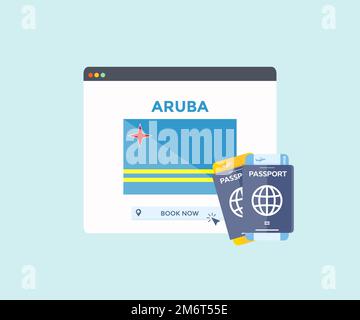 Online booking service on web browser site, trip, travel planning country Aruba national flag logo design. Online reservation of plane tickets. Stock Vector