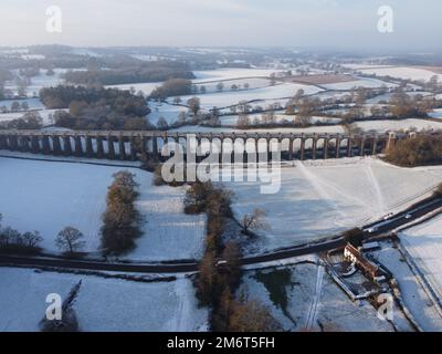 Aerial view of Ouse Valley Viaduct in the snow, winter 2022 Stock Photo