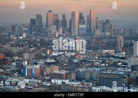 London Canary Wharf, aerial views of london skyline at dusk Stock Photo