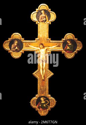 Antique crucifix made of gold - Roman Catholic Church, Jesus Christ. Stock Photo