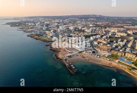 Coastline of holiday resort of Pernera, Protaras Cyprus. Drone aerial scenery of holiday resort Stock Photo