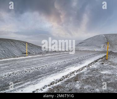 Winter coming. Mountain views along the Kjolur Highland Road F35, Iceland, Europe. Autumn snowstorm beginning. Stock Photo