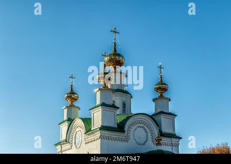 Domes of the temple in honor of the Assumption of the Blessed Virgin Mary in Kungur. Photo taken in Kurgur, Perm Territory, Russia. Stock Photo