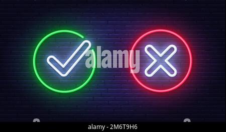 Cancel and Check mark neon sign ok, yes on brick wall background. Rejection and Approved neon symbol Stock Vector