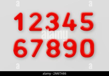 3D Red plastic number 1,2,3,4,5,6,7,8,9 and null with a glossy surface on a gray background. Stock Vector