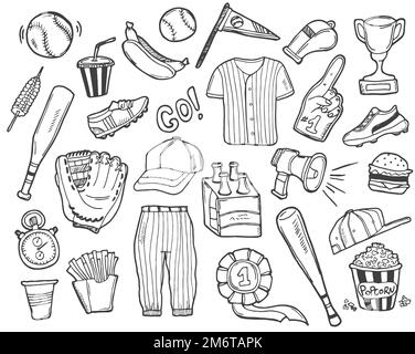 Baseball doodle set. Special sport equipment. Hand drawn vector illustration isolated over white background. Stock Vector