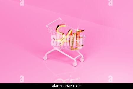 Gold letters sale in shopping cart. 3d render, 3d trendy illustration. Stock Photo