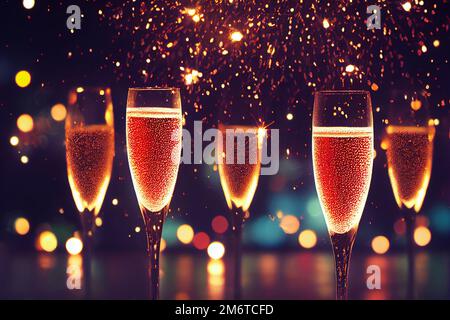 happy New Year champagne glasses and fireworks celebration background ...