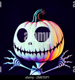 Cartoon Halloween card with black cat pumpkins skeletons Stock Photo