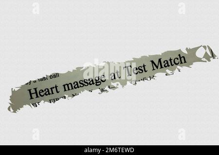 Heart massage at Test Match - news story from 1975 newspaper headline article title with overlay Stock Photo